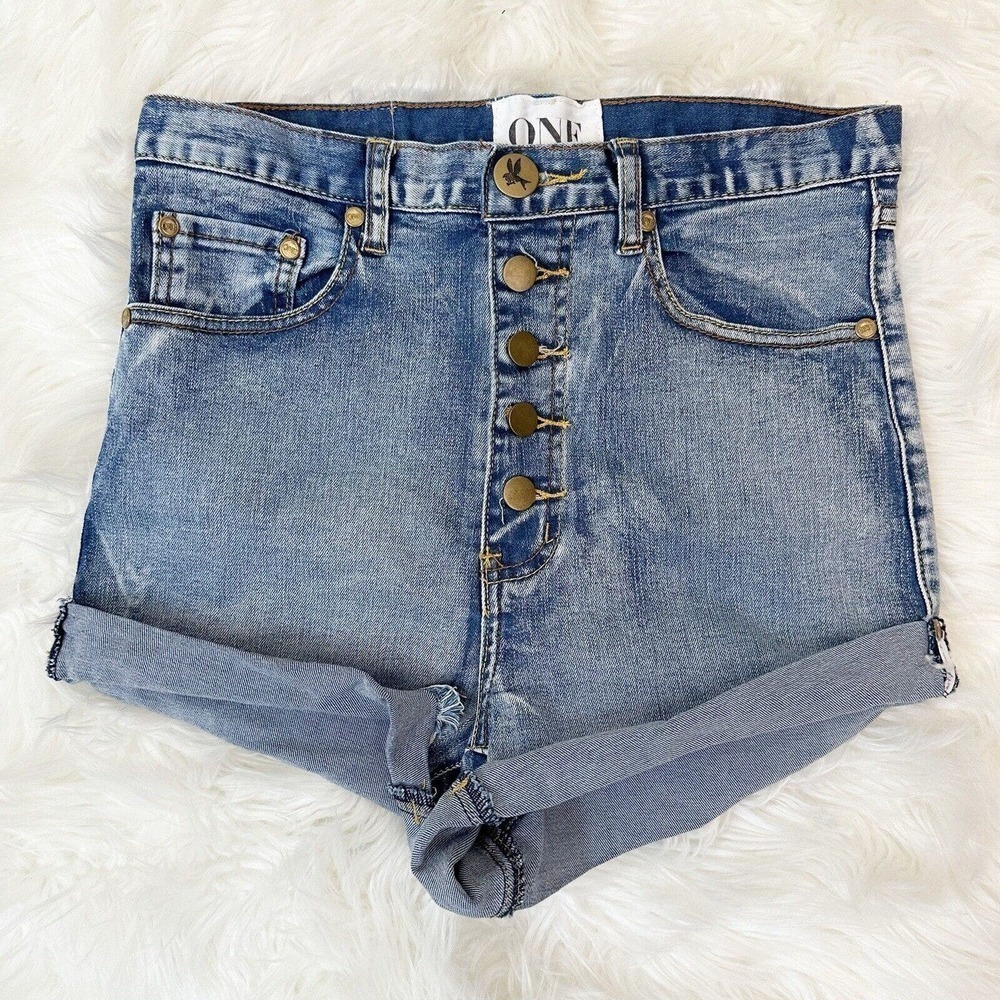 One Teaspoon Womens Lovers Low Waist Mid Length Shorts Denim Button Fly Size 25